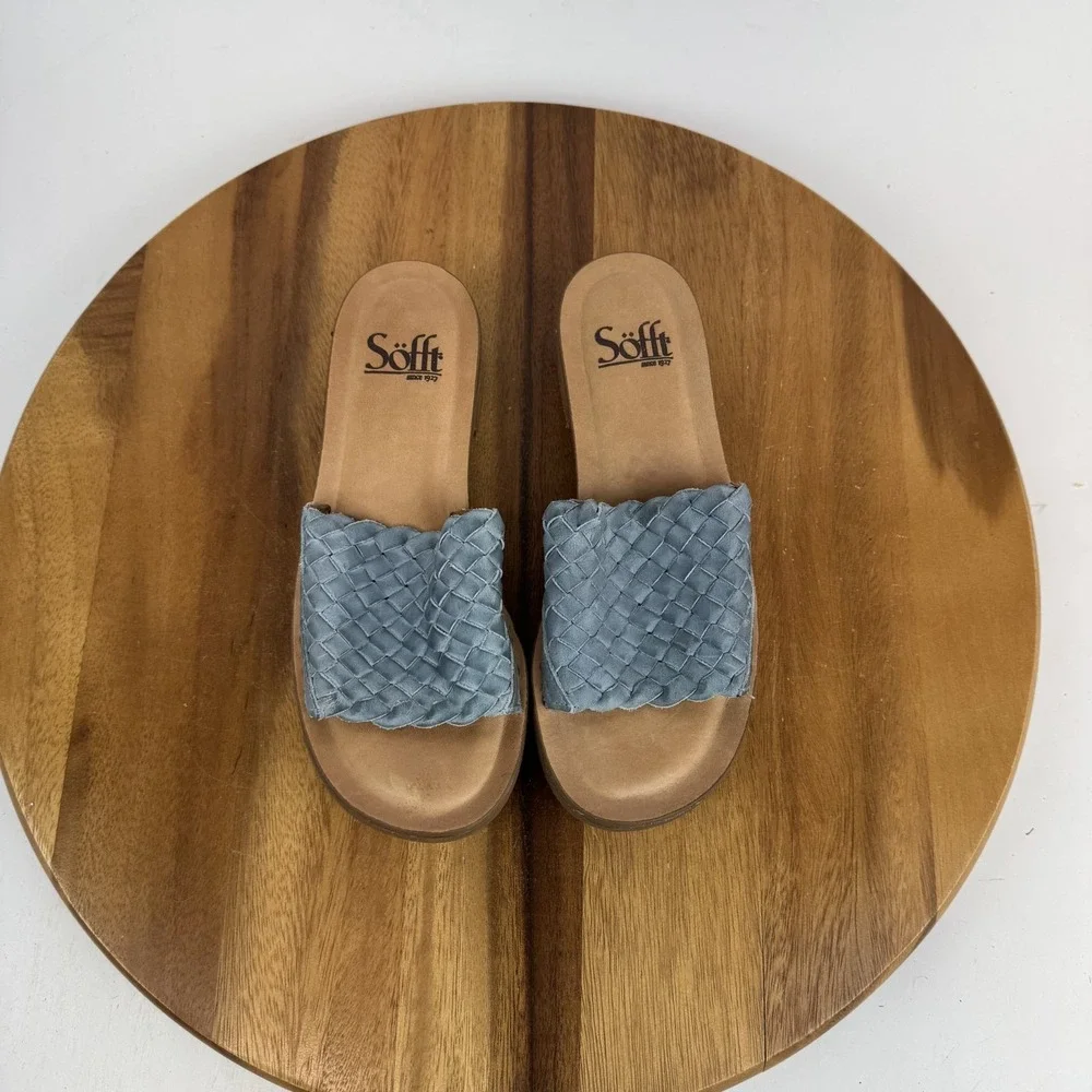 New NWOB Womens Sofft Ardee Blue Leather Woven Slip On Sandals Slides Size 6.5 M